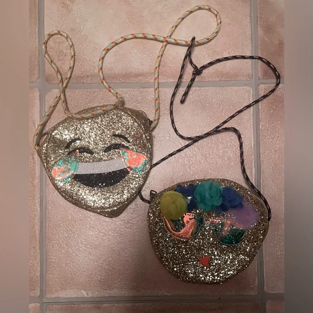 Crewcuts (2) Girls Small Purse Glitter Gold Smiley Faces, Floral